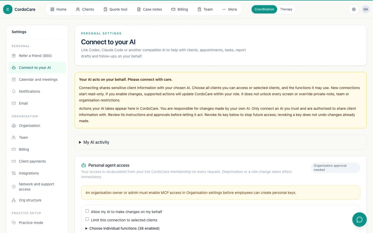 CordoCare AI connection settings showing access choices and organisation approval