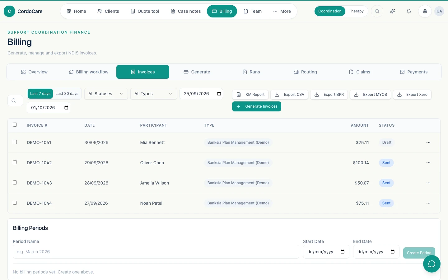 CordoCare billing workspace showing fictional invoices, amounts and payment status