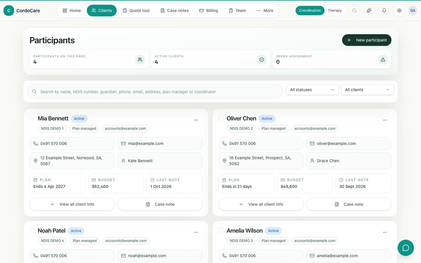 CordoCare client workspace with synthetic participant records and plan context