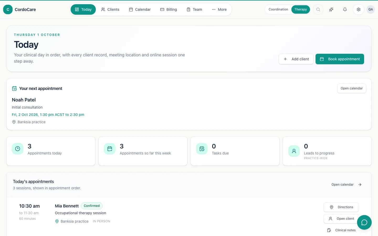 CordoCare allied health appointments and client records, with fictional demo data