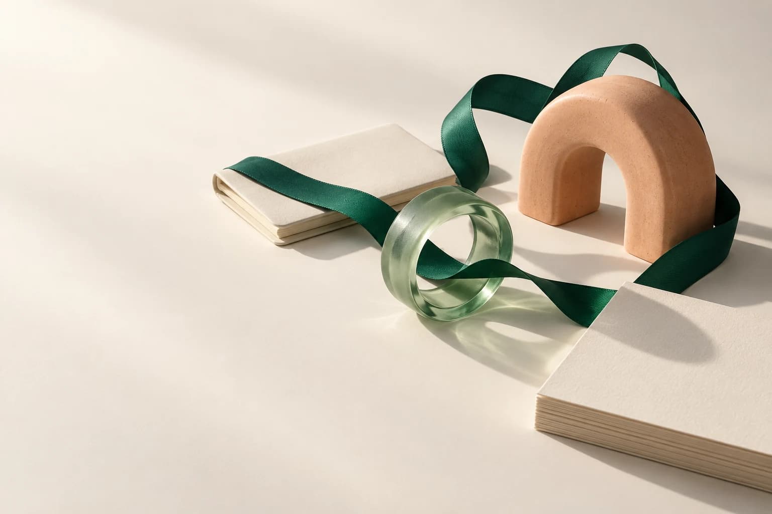 Sculptural green ribbon connecting paper, glass and ceramic forms. Illustrative editorial artwork.