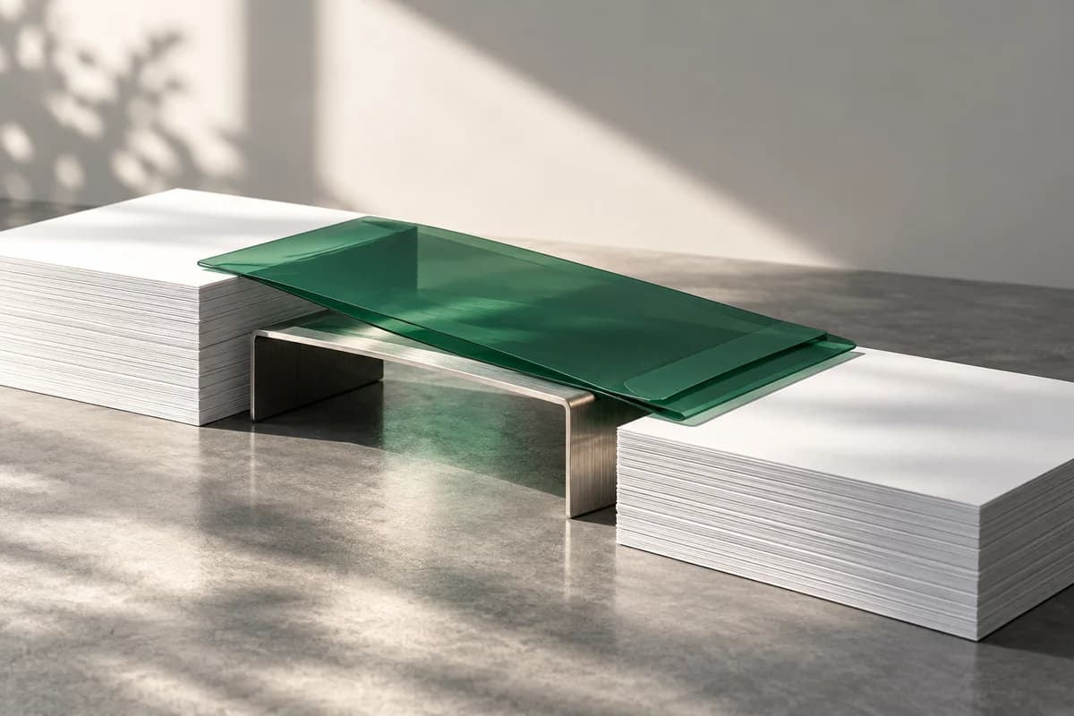 Editorial still life of a green document sleeve bridging two paper archives