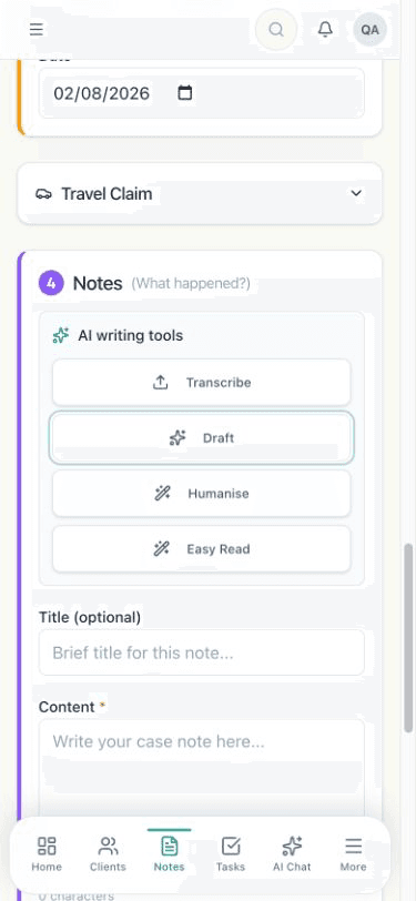 CordoCare mobile AI-assisted case note workspace