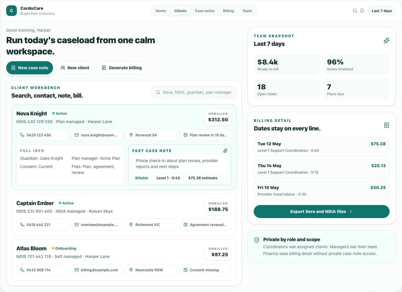CordoCare practice workspace using original fictional superhero-style client records