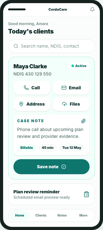 CordoCare mobile web app showing a client card and quick billable case note