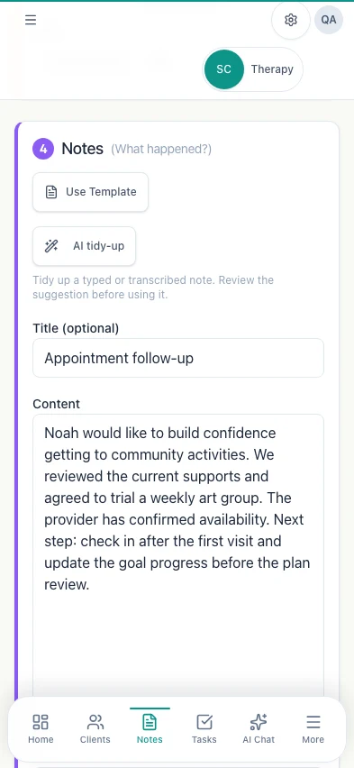 CordoCare mobile case note editor with a fictional visit note and AI tidy-up for staff review