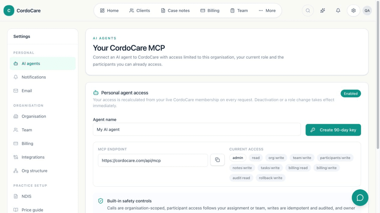 CordoCare MCP settings showing the endpoint, employee role scopes and expiring personal keys