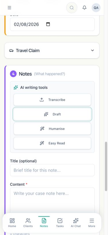 CordoCare mobile case note editor with a note title, content field and AI writing tools